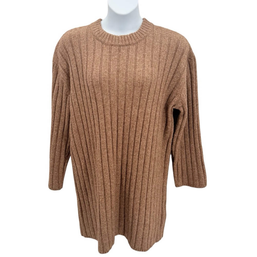 H&M Ribbed Knit Longline Sweater Beige Neutral Soft Stretch Cozy Minimalist M/L